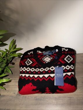 Ralph Lauren Black, Red & White Fair Isle Crewneck Sweater